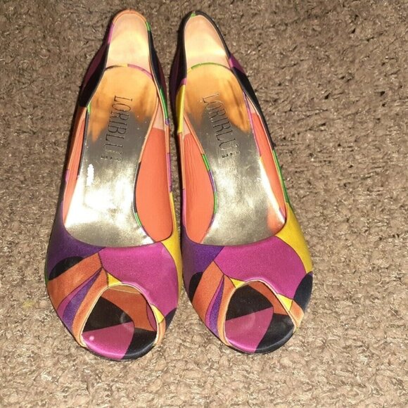 LORIBLU-Color Block-Multi-Color-Satin Heels-Peep-ToeSize 37/6.5-Excellent - Picture 3 of 7